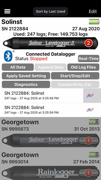 aplicación solinst levelogger 5 visualización de registros guardados para ios