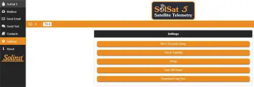 menú de configuración de la aplicación wifi del sistema de telemetría satelital solinst solsat 5