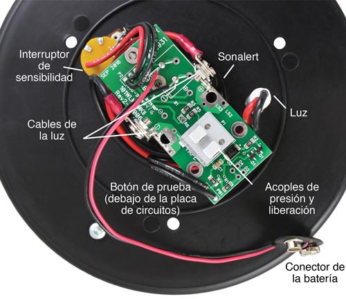 medidor de nivel de agua mini 102m solinst mk2 parte posterior de la placa frontal que muestra las conexiones de cableado y la ubicación de los componentes eléctricos