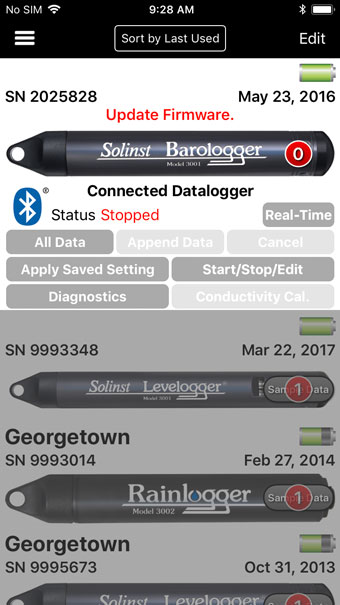 registro de datos de la aplicación solinst levelogger 5 con mensaje de firmware desactualizado para ios