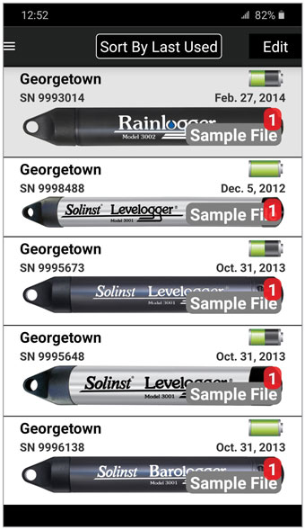 pantalla de inicio de la aplicación solinst levelogger para android