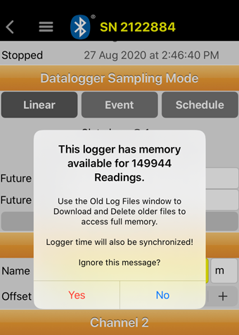 ios de advertencia de memoria del registrador de datos de la aplicación solinst levelogger
