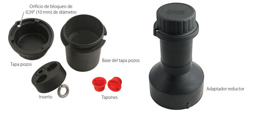 figura 10-15 Conjunto de tapa pozos del modelo 3001 (N.º 110099) hay un adaptador reductor para instalar leveloggers en pozos de 4". (N.º 110235)