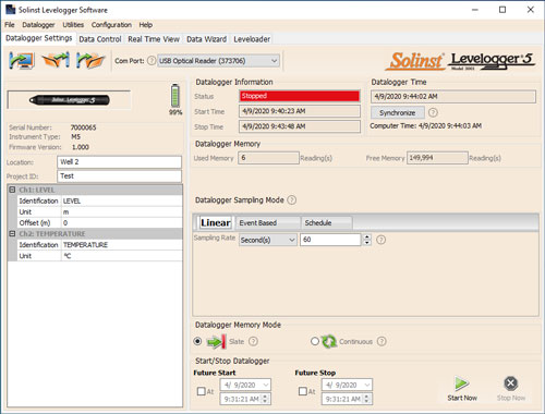 ventana de configuración del registrador de datos del software levelogger
