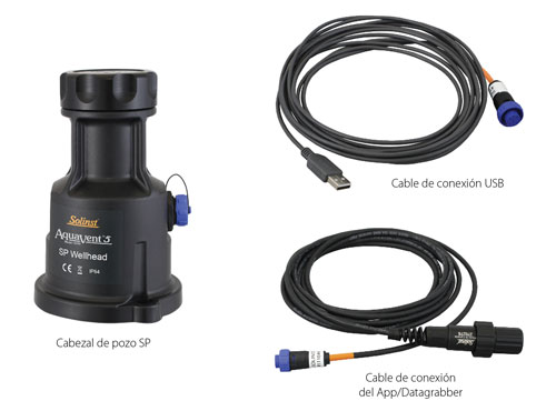 tapa del pozo del datalogger ventilado solinst aquavent con cables usb y datagrabber