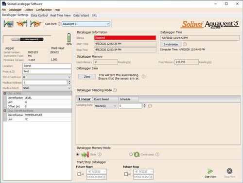 ventana de configuraciones del datalogger aquavent 5