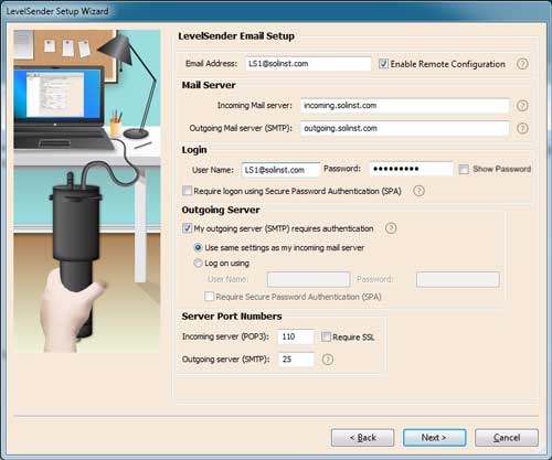 figura 4-7 configuración de correo electrónico de levelsender - sin opción tls