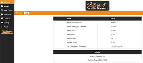 pantalla principal de la aplicación wifi del sistema de telemetría satelital solinst solsat 5