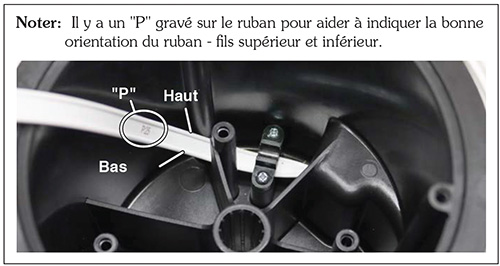 Il y a un "P" gravé sur le ruban pour aider à indiquer la bonne orientation du ruban - fils supérieur et inférieur.