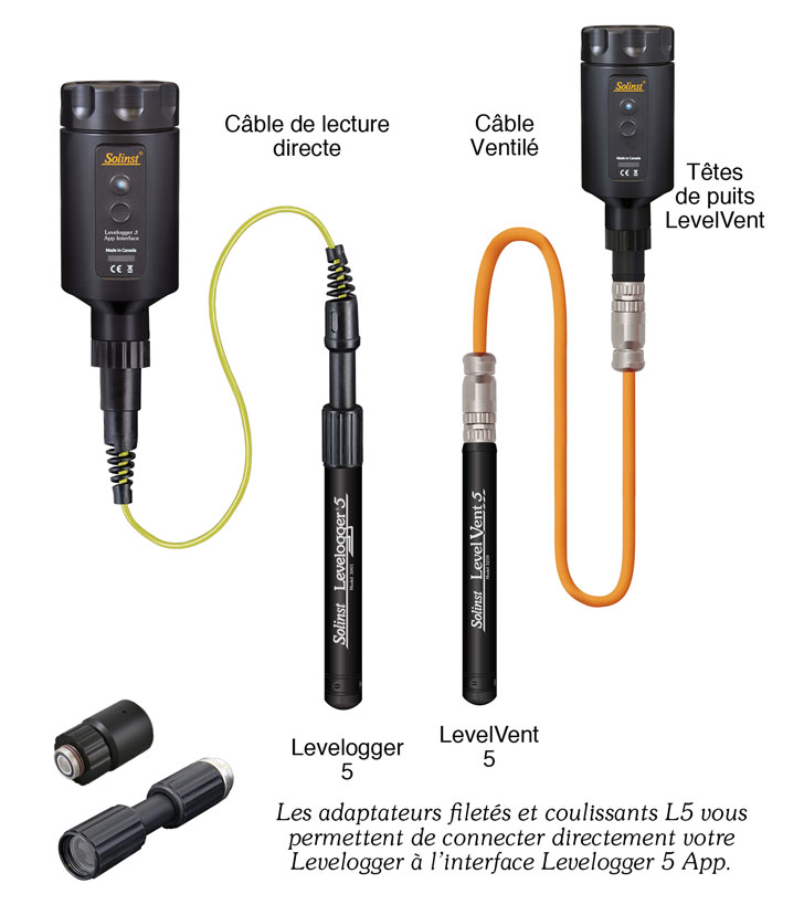 les adaptateurs filetés et coulissants l5 vous permettent de connecter directement votre levelogger à l’interface levelogger 5 app.