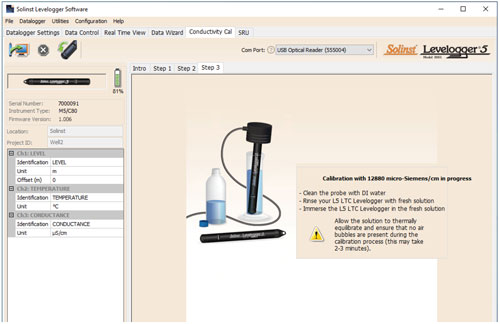 figure 6 5 étape 3 de l'assistant d'étalonnage du  levelogger(exemple de fenêtre d'étalonnage avec une solution à 12 880 µS/cm)