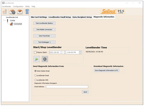 onglet de diagnostics du logiciel solinst levelsender 5 pour unender usender connecté