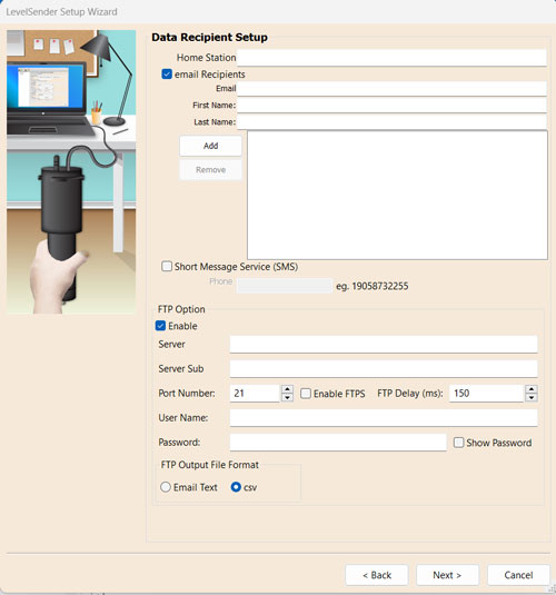 fenêtre de configuration du destinataire de données solinst levelsender 5 software