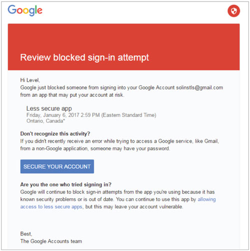 ecran d'avertissement gmail contre le courrier électronique bloqué de levelsender