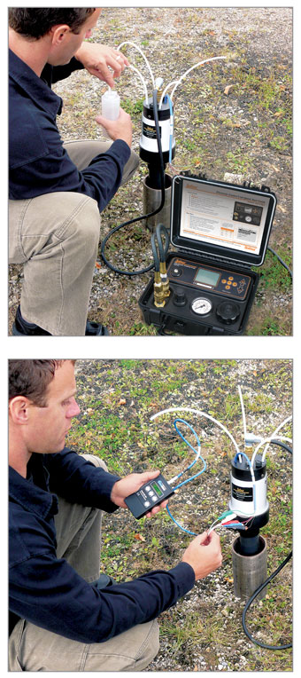 Technicien sur le terrain prélevant des échantillons d'eau souterraine au collecteur de tête de puits du système de Waterloo systèmes solinst waterloo surveillance multiniveau des eaux souterraines pompes d'échantillonnage dédiées pompes d'échantillonnage transducteurs de pression d'échantillonnage dédiés transducteurs de pression dédiés transducteurs dédiés image