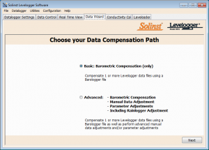 solinst levelogger sofware data wizard screen shot used to barometrically compensate leveloggers and conduct data compensation of levelogger data files image