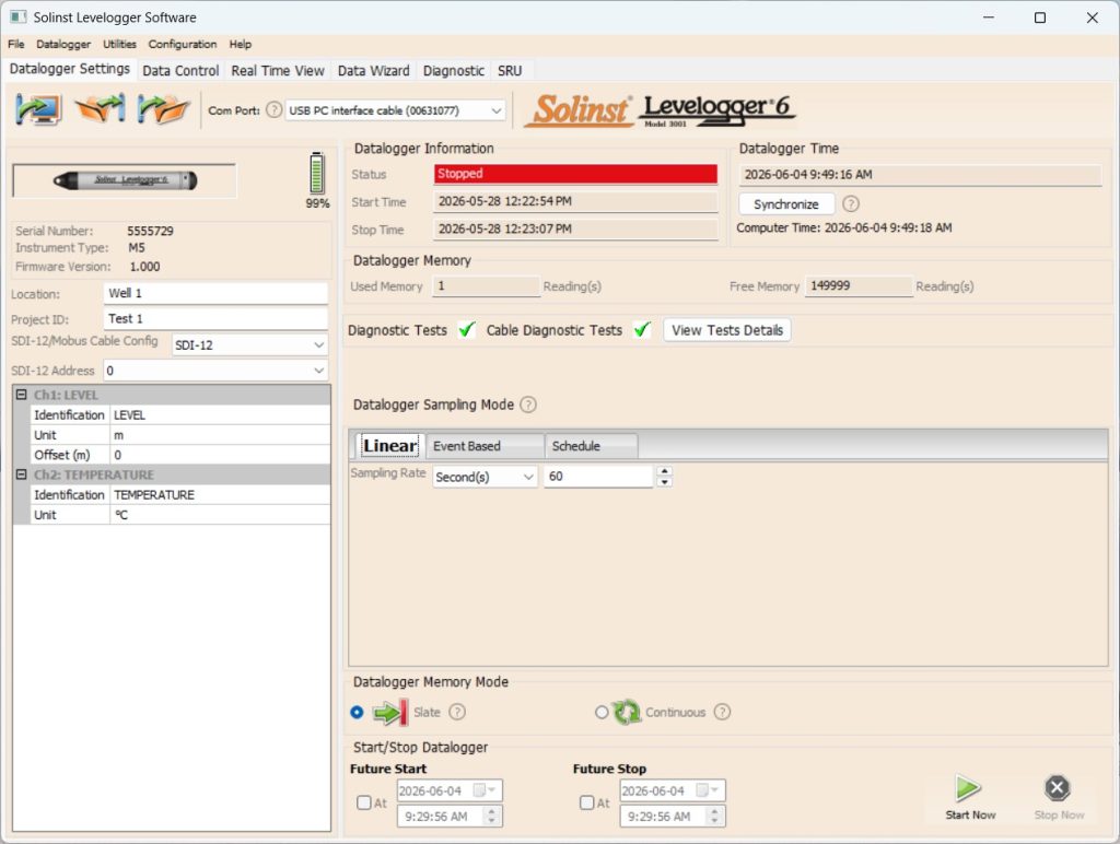 Levelogger Water Level Datalogger Settings Tab