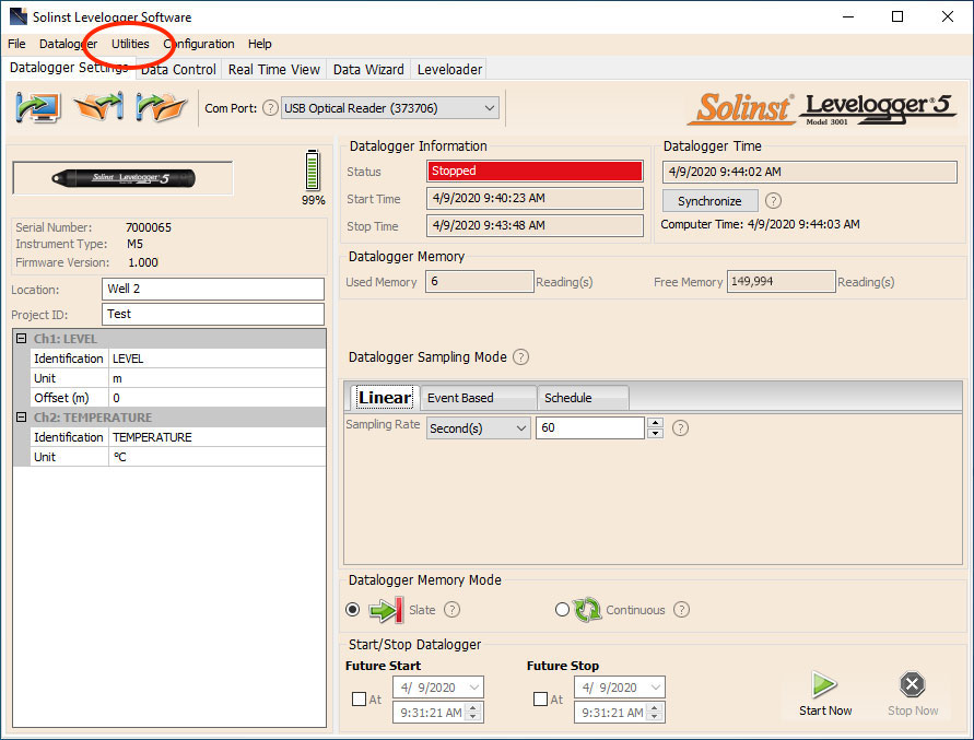 Levelogger Software Utilities Menu