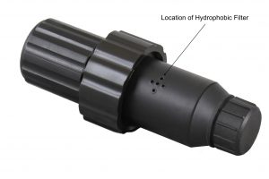 solinst 3250 levelvent vented water level datalogger wellhead showing vent holes and location of integrated hydrophobic filter that prevents moisture from entering the vent tube