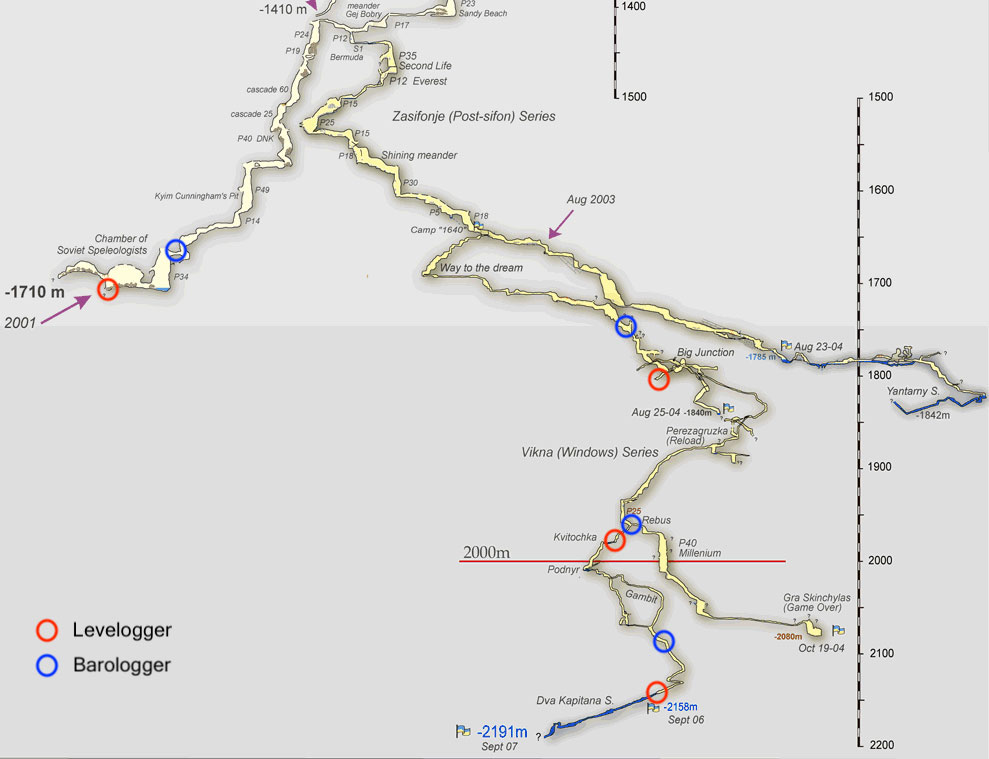 map of solinst levelogger and barologger locations in krubera cave