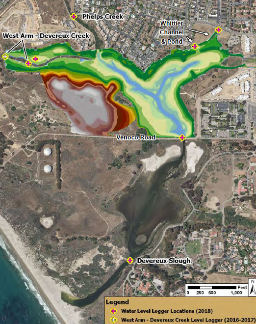 map of solinst levelogger water level datalogger locations at the devereux slough wetland restoration site