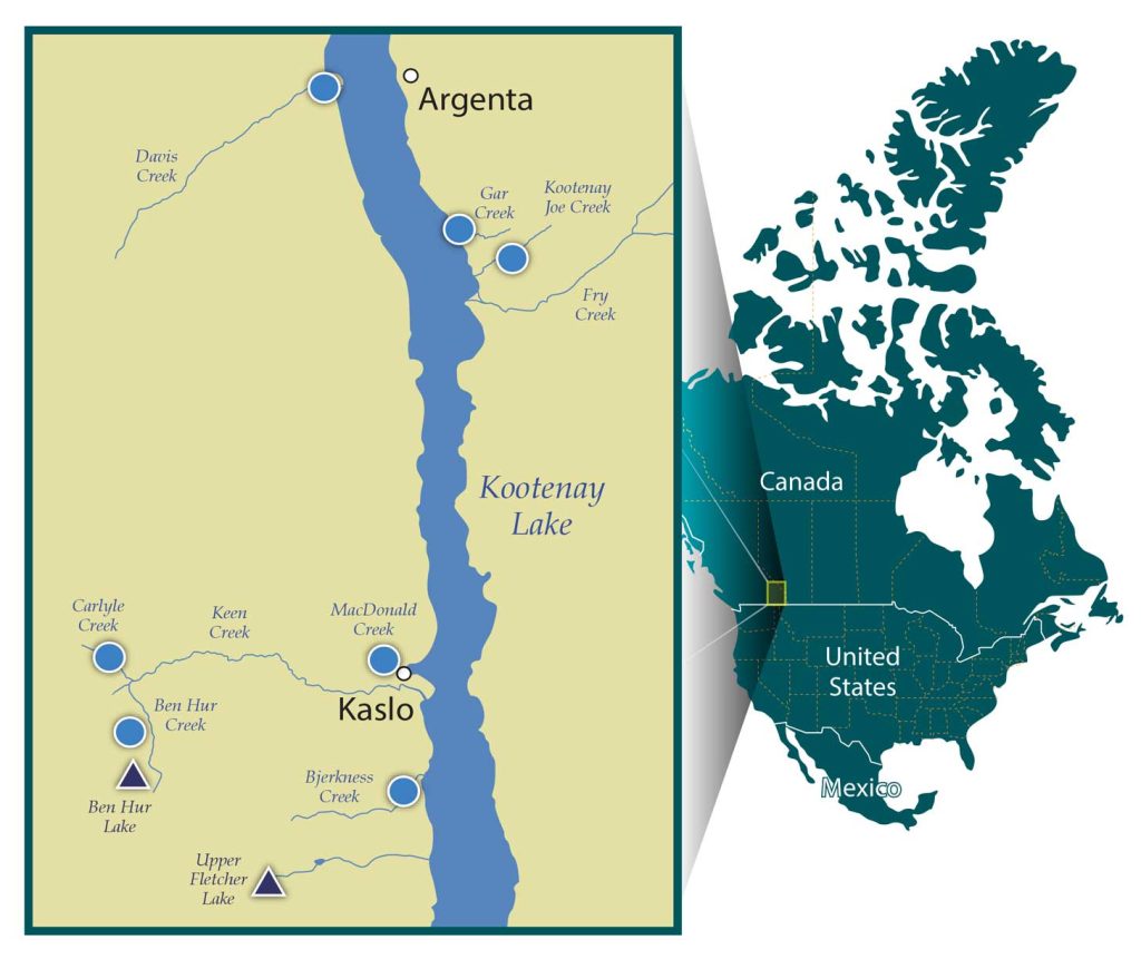 map of watershed hydrometric monitoring station locations in Kootenay British Columbia