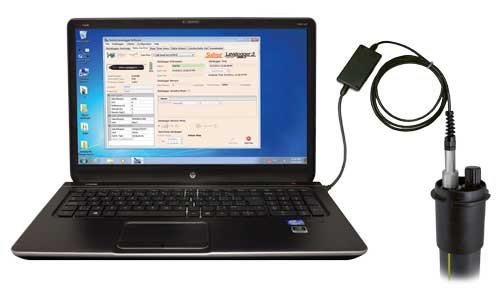 solinst direct read cable connected to a laptop using a pc interface cable at the top of well casing
