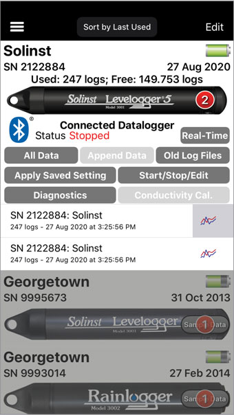 Solinst Levelogger App Dataloggers Screen with Connected Datalogger for iOS dataloggers screen with connected datalogger ios