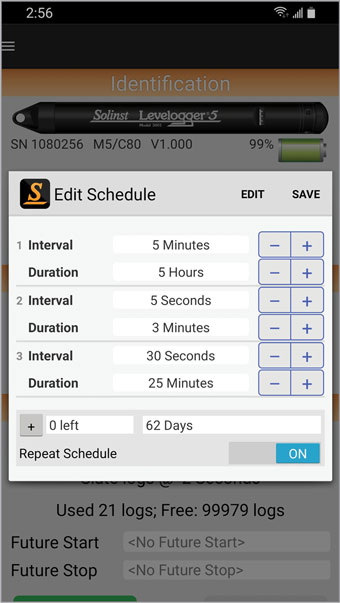 editing water level datalogger sampling scheudule using solinst levelogger app android