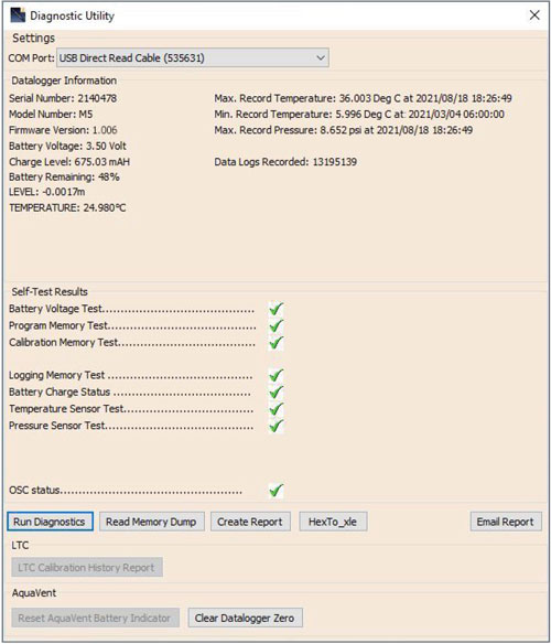 run diagnostics test on solinst dataloggers inside levelogger software