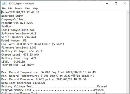solinst  datalogger diagnostic report example