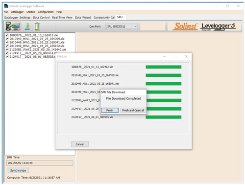 finish data download screen levelogger software sru screen