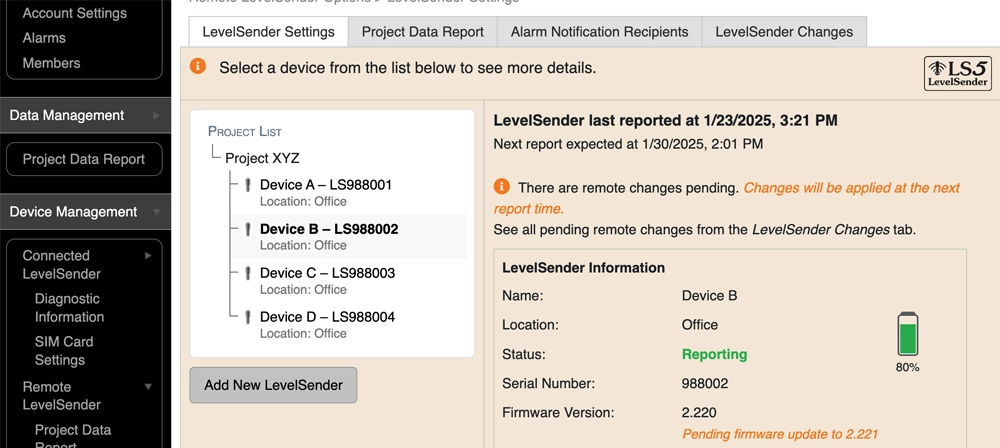 Figure 5-17 LevelSender Settings – Remote Firmware Update Pending figure 5-17 levelsender settings – remote firmware update pending