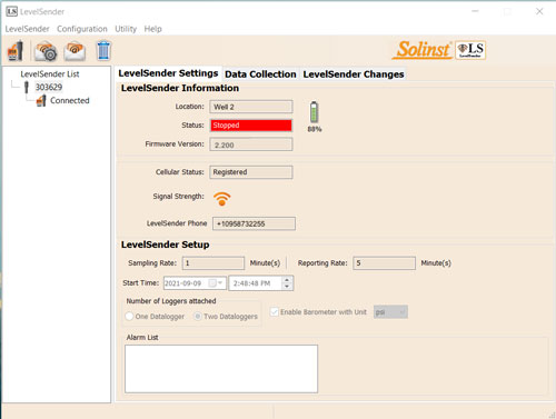 solinst levelsender software main window showing levelsender settings tab