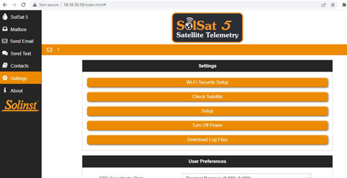 solinst solsat 5 satellite telemetry system wifi app main settings screen