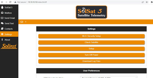 solinst solsat 5 satellite telemetry system wifi app main settings screen