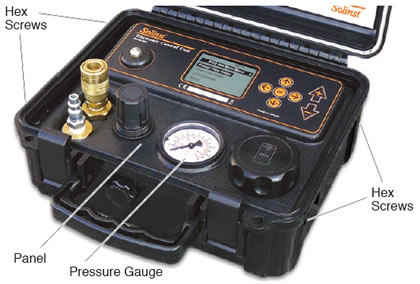 electronic pump control unit with pressure gauge and hex screws indicated