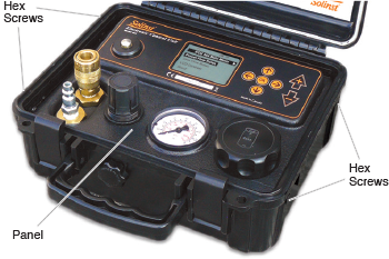 Solinst Model 464 Electronic Pump Control Unit Image Showing Hex Screws for Faceplate electronic pump control unit with hex screws indicated