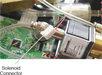 Solinst Model 464 Electronic Pump Control Unit Solenoid Connector Disconnected From Board Closeup solenoid connector removed