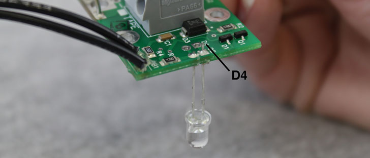 for a solinst model 102m mini water level meter insert the leads of the new light into the two positions labelled d4 on the circuit board and solder in place d4 positions are located next to d2 positions