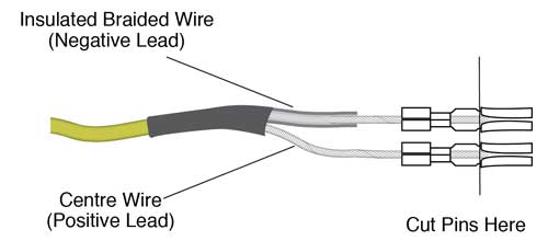 remove the molex connector from the cable leads by pushing out the two pins cut each pin in half