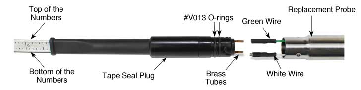 solinst well casing and depth indicator probe exploded view showing labels for each component