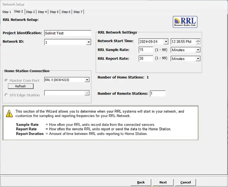 software wizard step 2 rrl remote radio link network setup screen