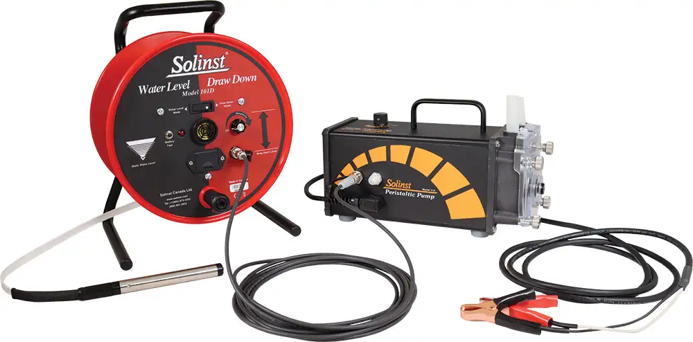 solinst 101d water level drawdown meter connected to 410 peristaltic pump