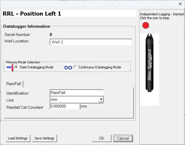 Figura 4 11 Parâmetros de medição do registrador de chuva