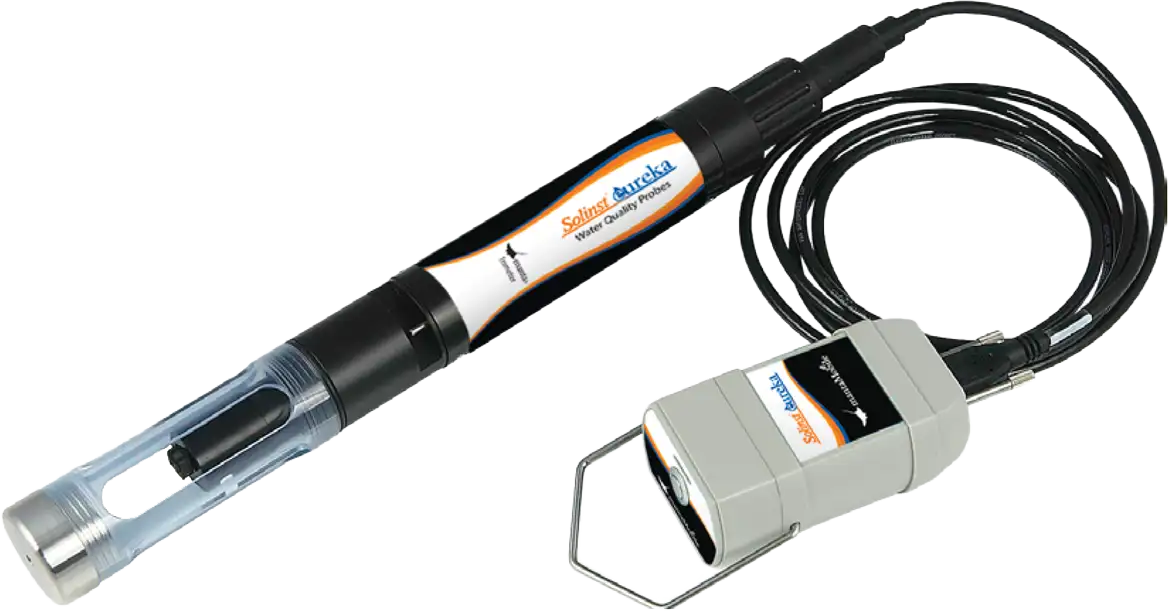 sonda de calidad del agua solinst eureka manta conectada a un dispositivo bluetooth mantamobile que ejecuta el software mantalink en un dispositivo inteligente