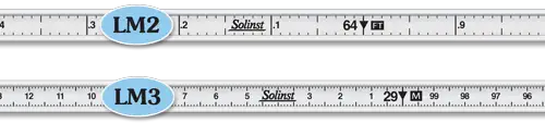 technical diagram displaying two types of solinst laser marked engineering flat tapes with top lm2 tape in feet and tenths and bottom lm3 tape in meters and centimeters