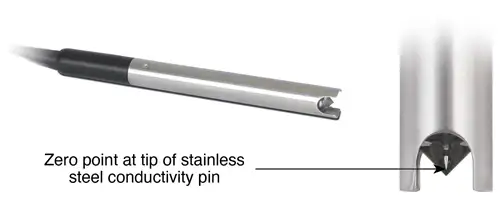 technical diagram showing a close up of a stainless steel solinst model 122 interface meter probe highlighting the zero point at the tip of the conductivity pin