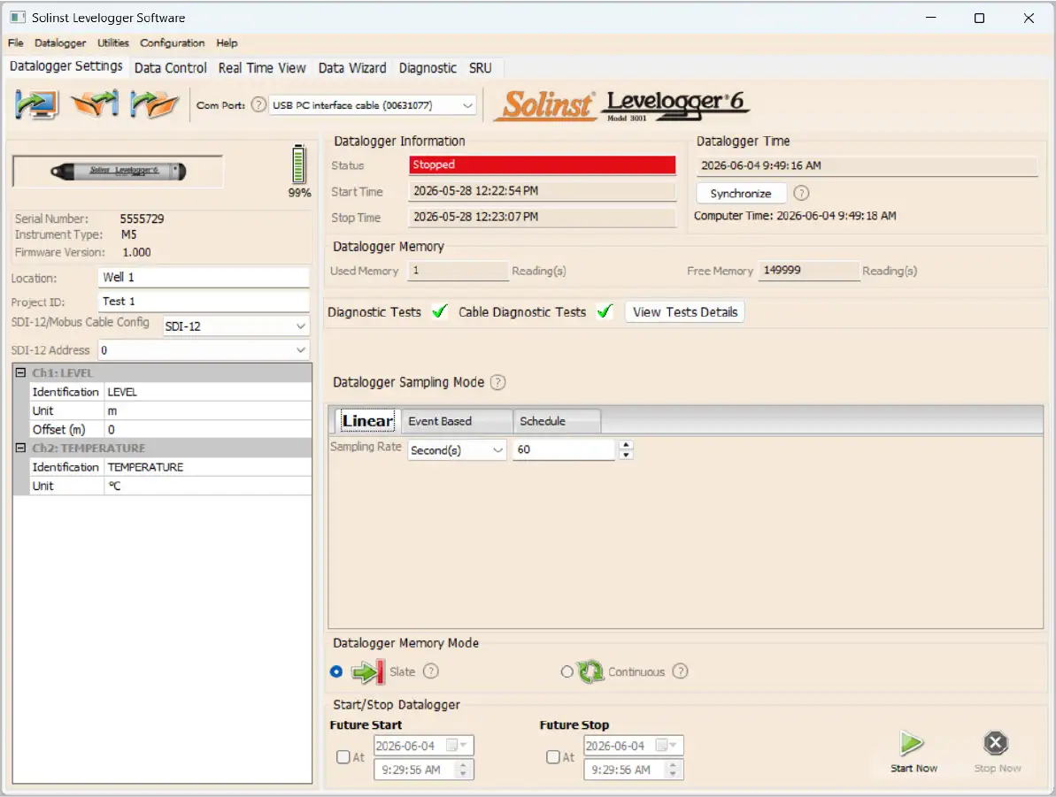 3001 Levelogger pc software setup screen