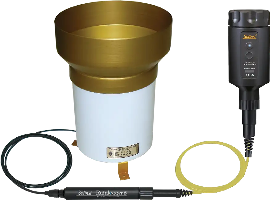 ティッピングバケット式雨量計に接続されたSolinst RainLogger 6データロガーと、Bluetooth Leveloggerアプリのインターフェース